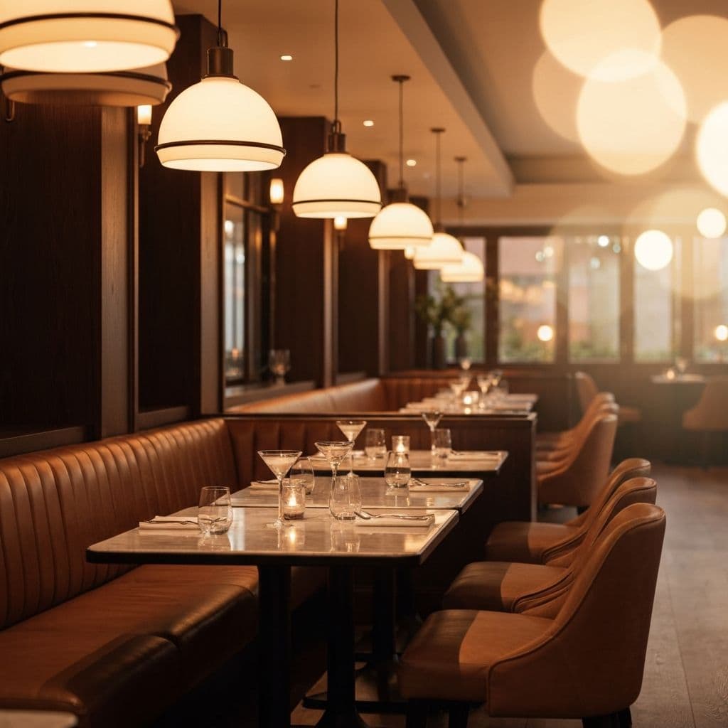 Upscale restaurant interior with warm ambient lighting