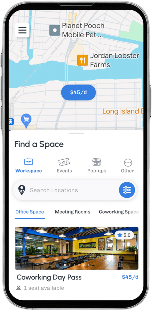DropDesk app showing workspace search with map view and coworking day pass listing
